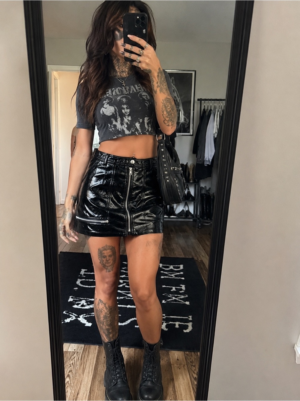 silence + noise Black Patent Front-Zip Mini Skirt